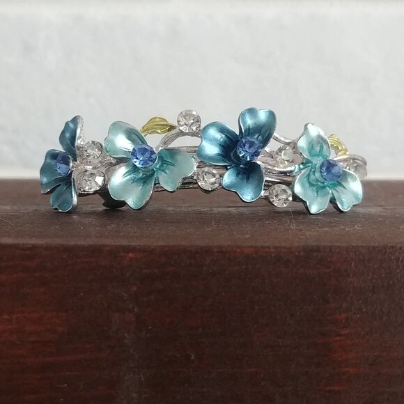 Vintage blue gems silver flower hair clip accessory - Picture 1 of 12
